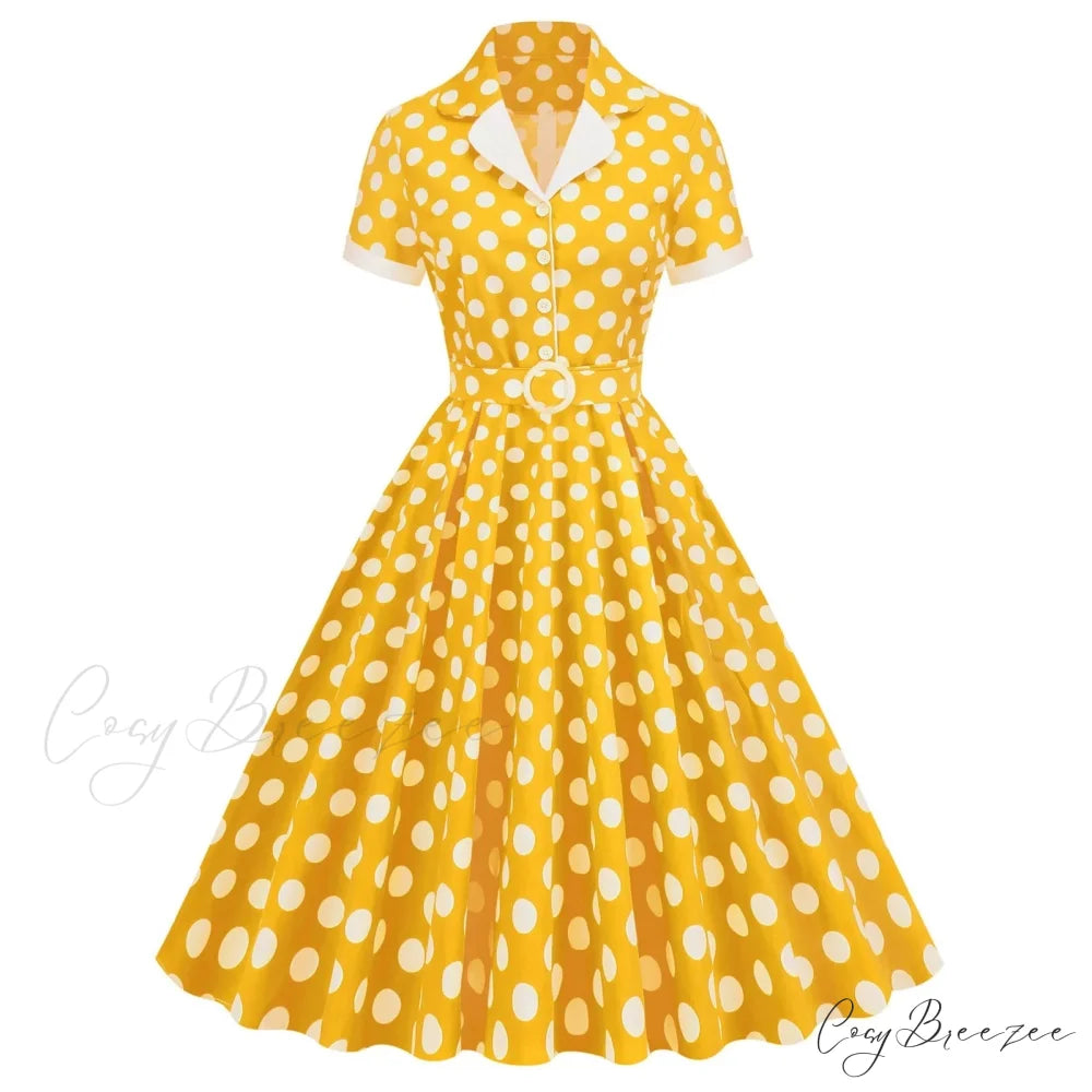 Hepburn Retro Flare Polka Dot Vintage Swing Robe Short Sleeve A Line Sun With Bow Birthday Elegant Tea Dress Yellow / S