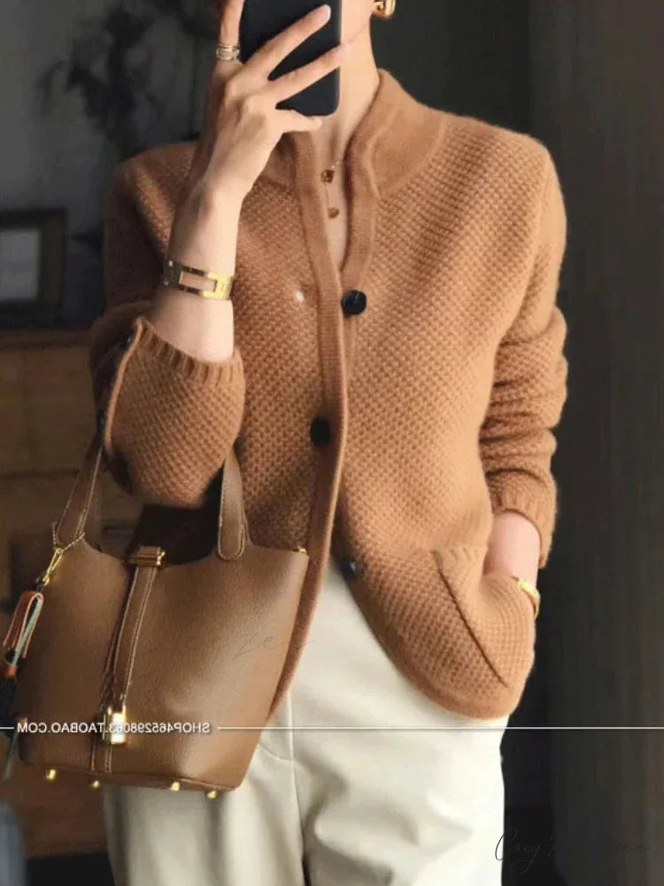 High-end Cashmere Wool Long Sleeve Half Collar Cardigan BROWN / S
