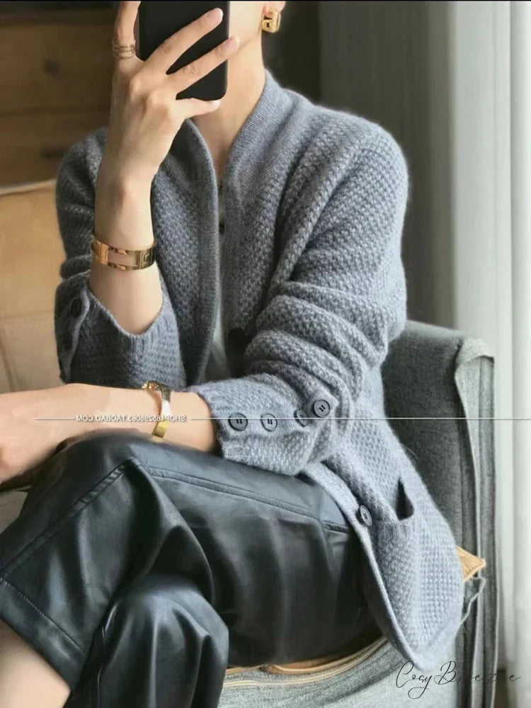 High-end Cashmere Wool Long Sleeve Half Collar Cardigan GRAY / S