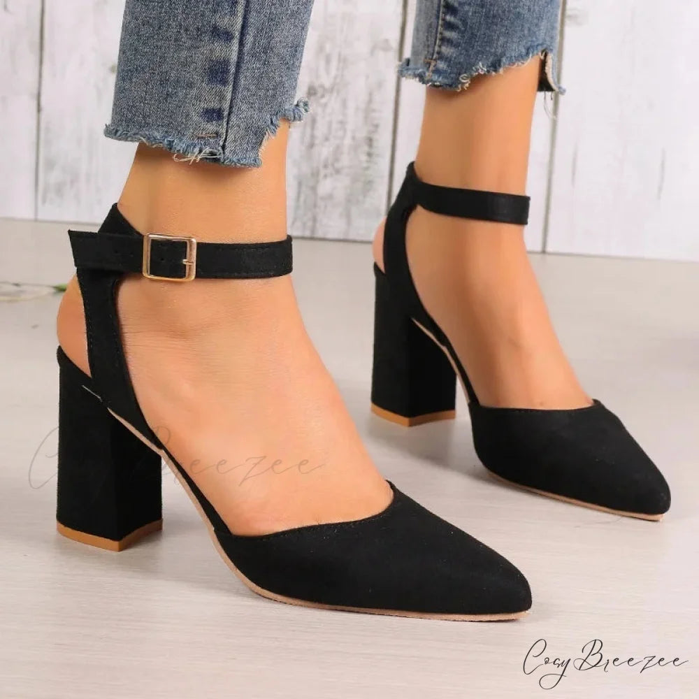 High Heel Pointed Summer Trend Fashion Suede Chunky Shallow Sexy Low Heel Pump Black / 35