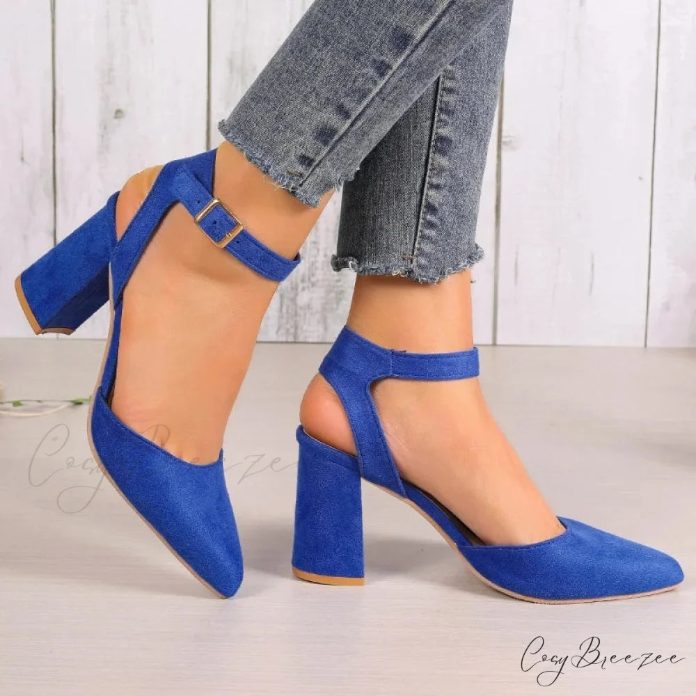 High Heel Pointed Summer Trend Fashion Suede Chunky Shallow Sexy Low Heel Pump Blue / 35