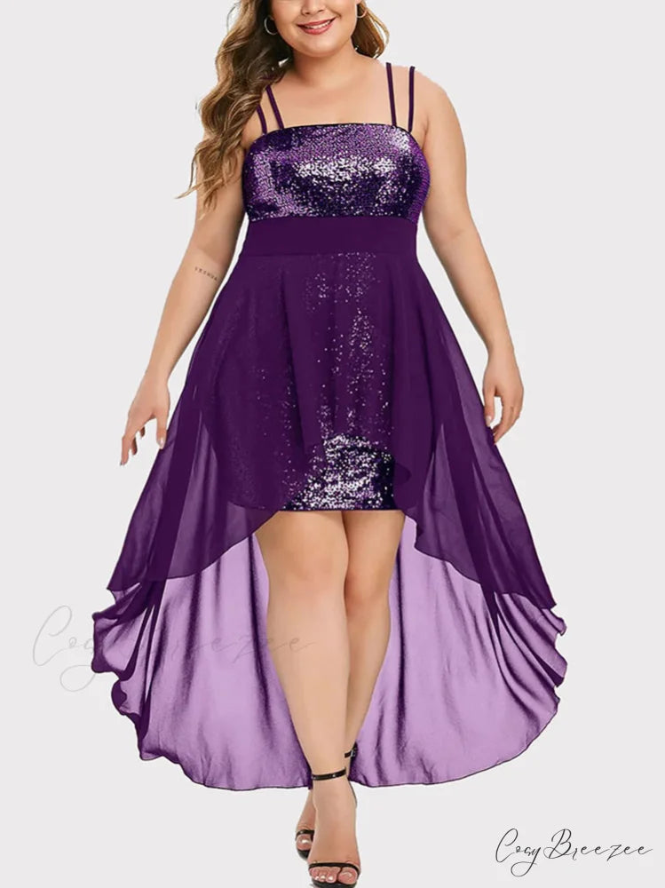 High Low Mesh Panel Ruffle Hem Sophisticated Long Sleeve Velvet Mini Dress - Purple Purple / L