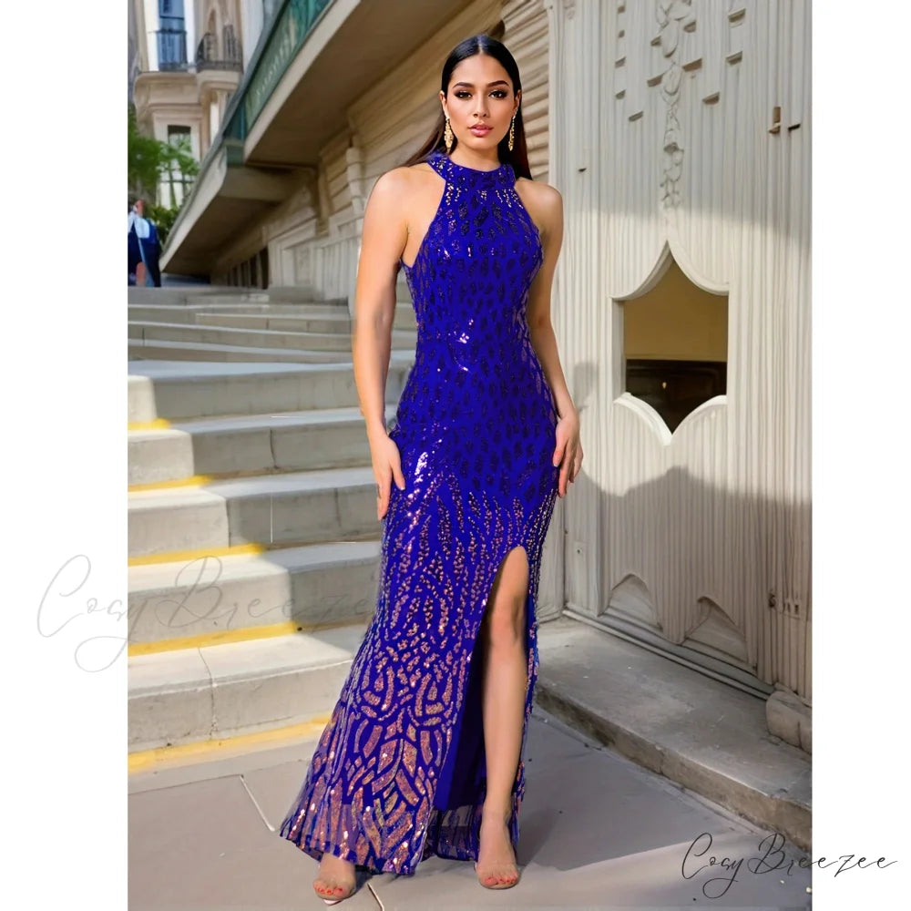 High Neck Sequin Front Slit Party Dress Blue / S