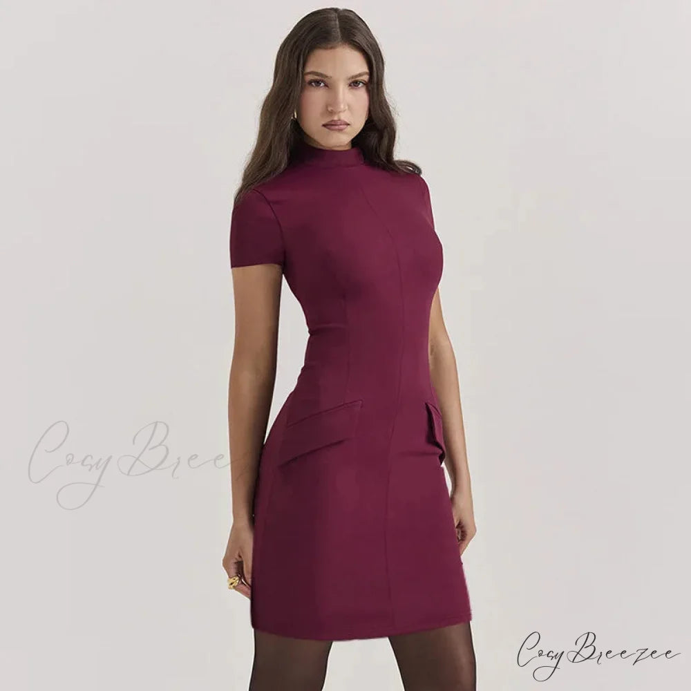 High Neck Short Charming Sleeve Solid Mini Dress