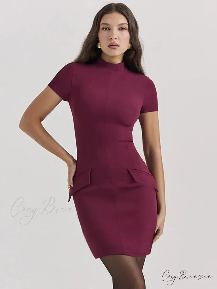 High Neck Short Charming Sleeve Solid Mini Dress