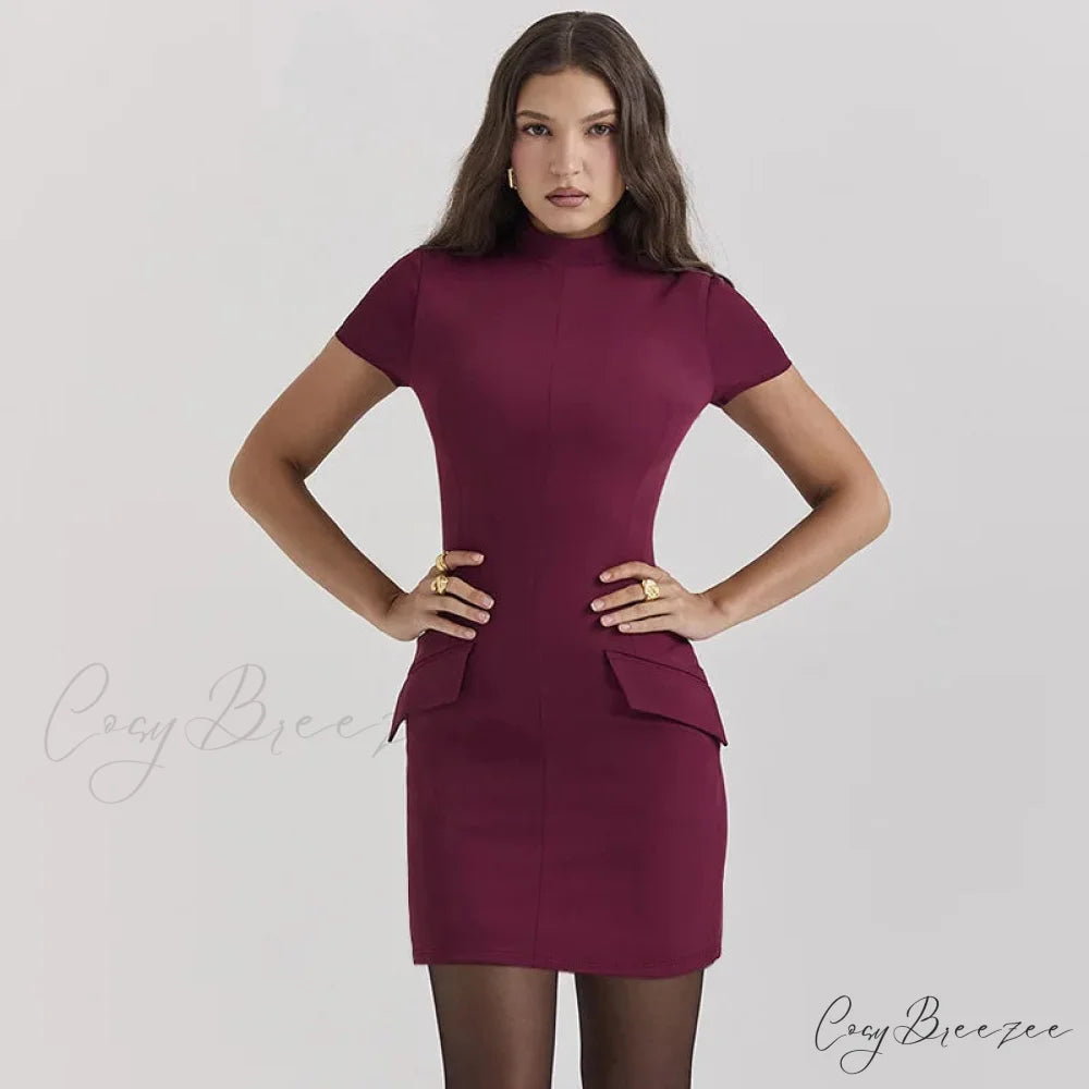 High Neck Short Charming Sleeve Solid Mini Dress