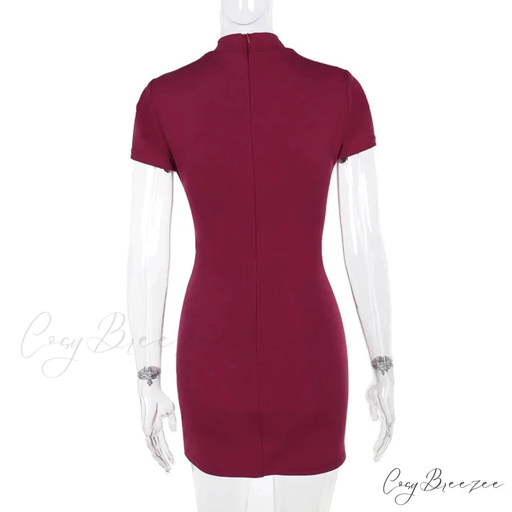 High Neck Short Charming Sleeve Solid Mini Dress