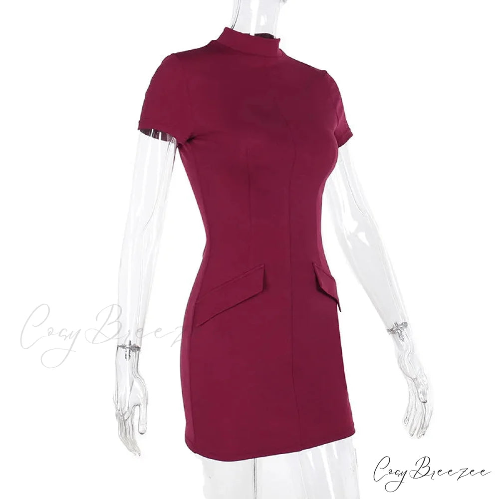 High Neck Short Charming Sleeve Solid Mini Dress