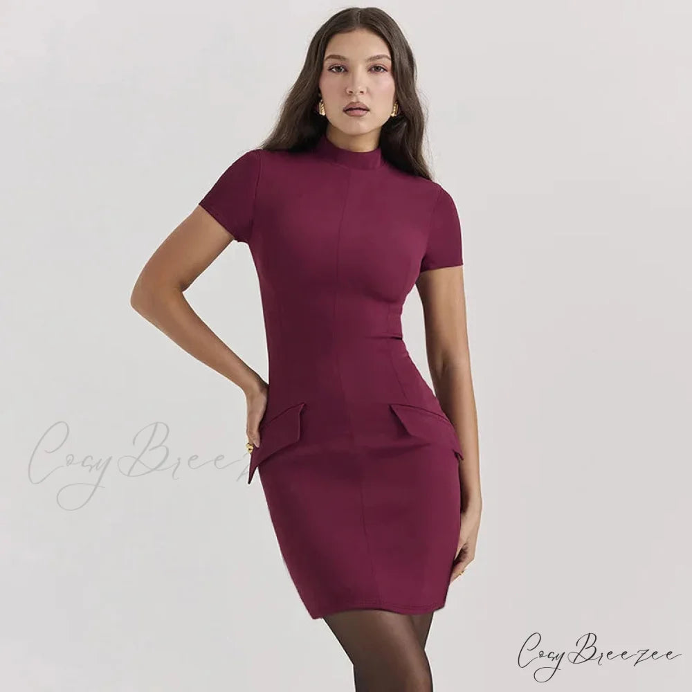 High Neck Short Charming Sleeve Solid Mini Dress