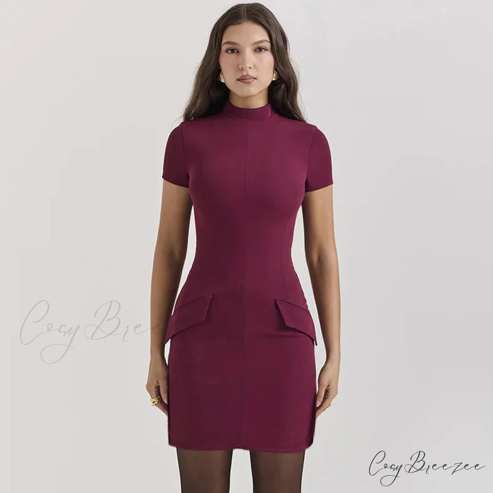 High Neck Short Charming Sleeve Solid Mini Dress