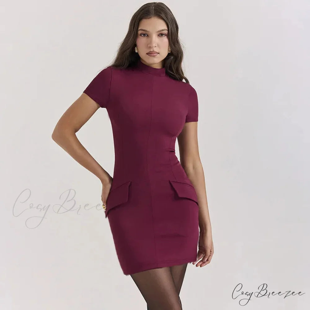 High Neck Short Charming Sleeve Solid Mini Dress