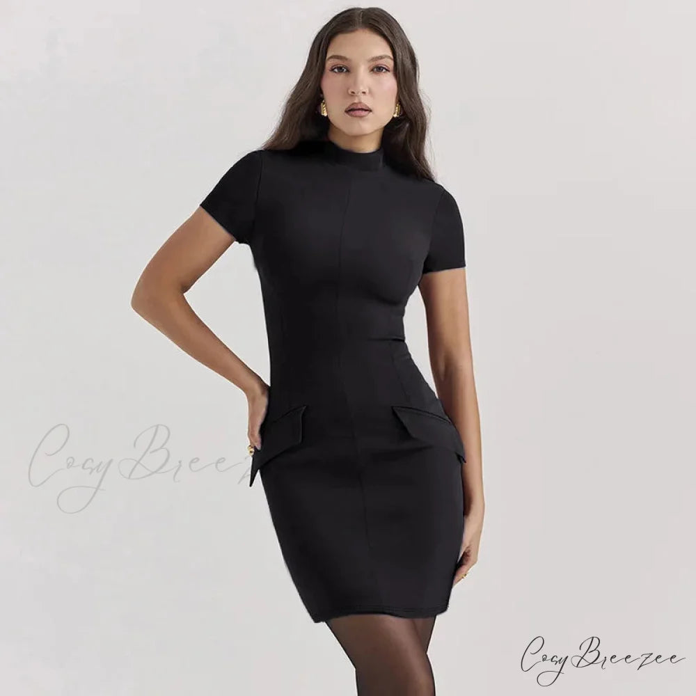 High Neck Short Charming Sleeve Solid Mini Dress S / Black