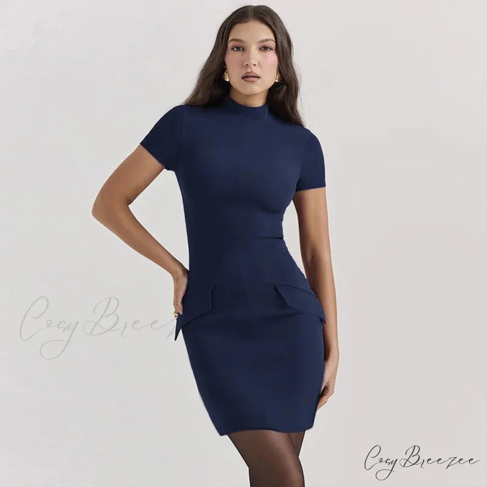 High Neck Short Charming Sleeve Solid Mini Dress S / Blue