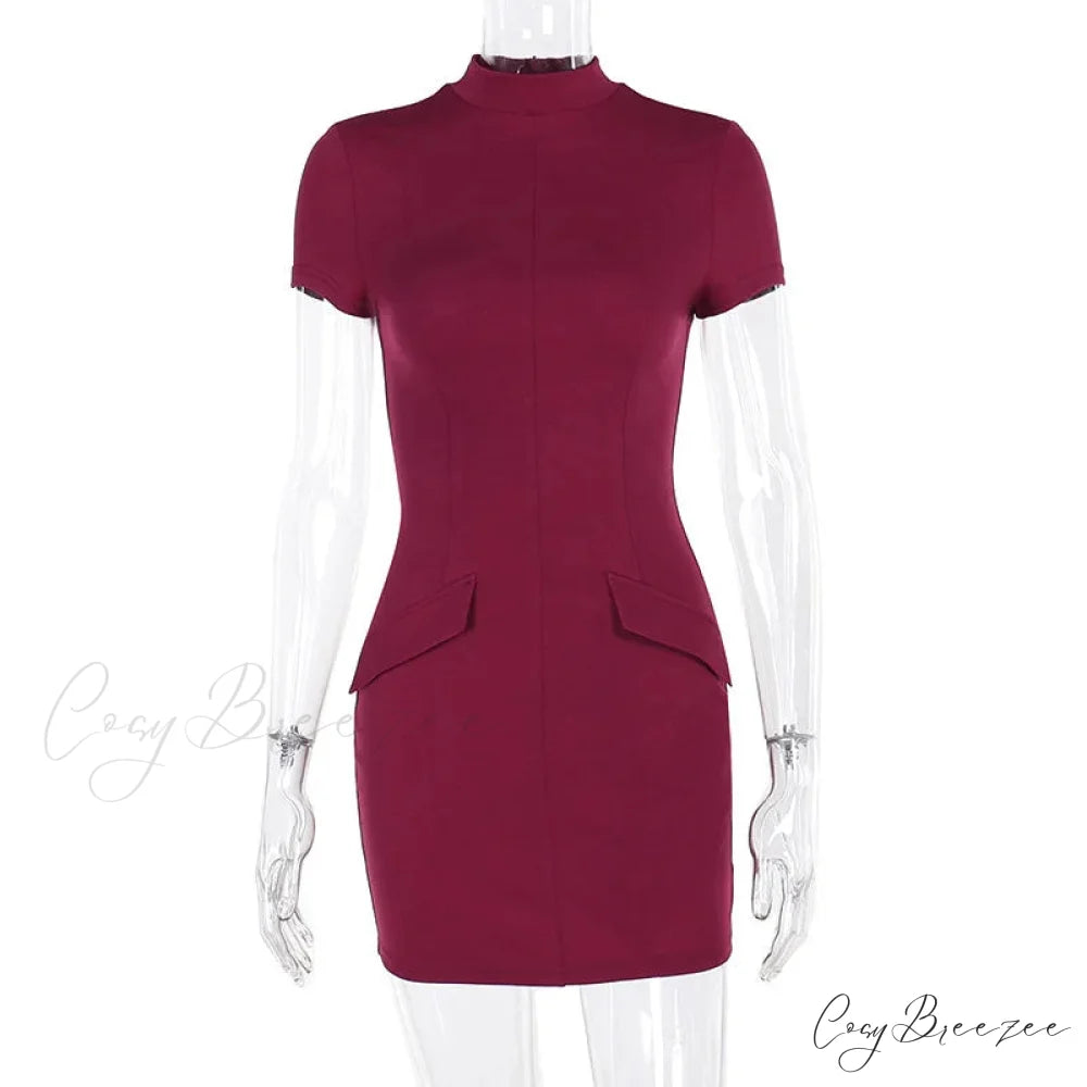 High Neck Short Charming Sleeve Solid Mini Dress S / Wine