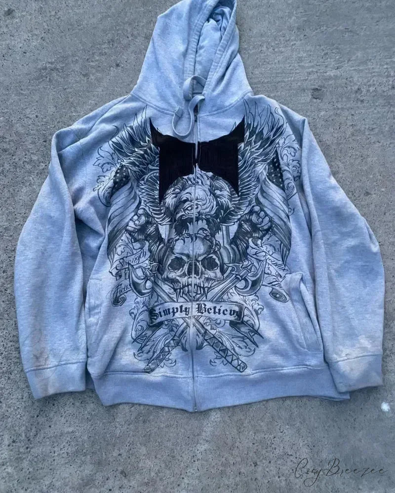 High-Quality Gothic Skull Print Hoodie blue 1 / S hoodies-241228
