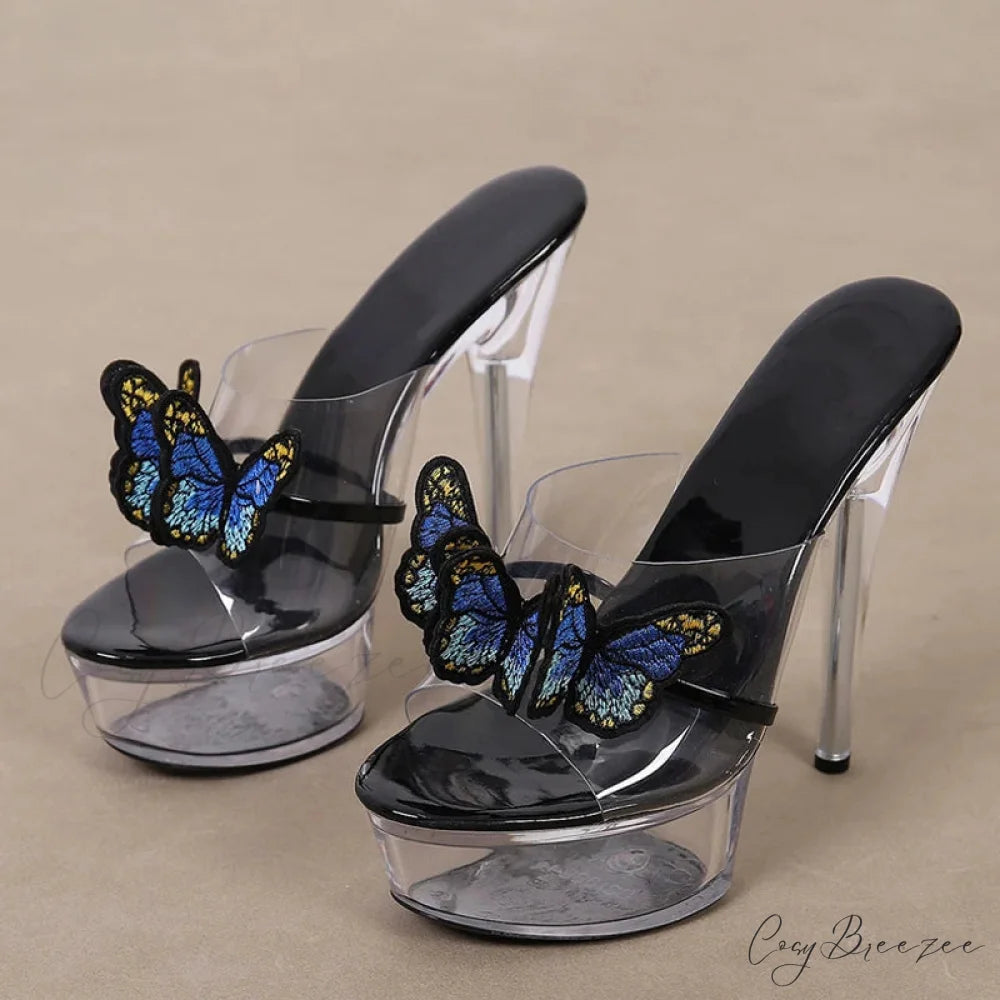 High-Quality Handworked Embroidered Butterfly Modern Transparent Platform Sexy Stripper Stylish High Heel Black / 35