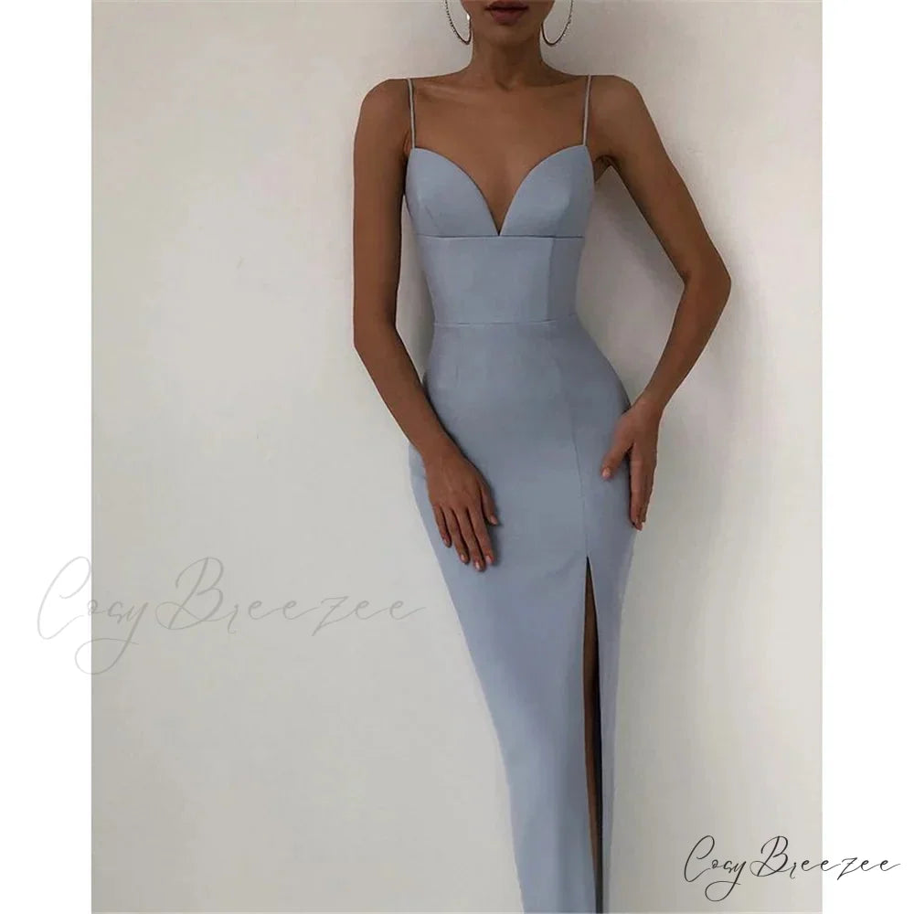 High Slit Bodycon Maxi Dress Light Blue / S