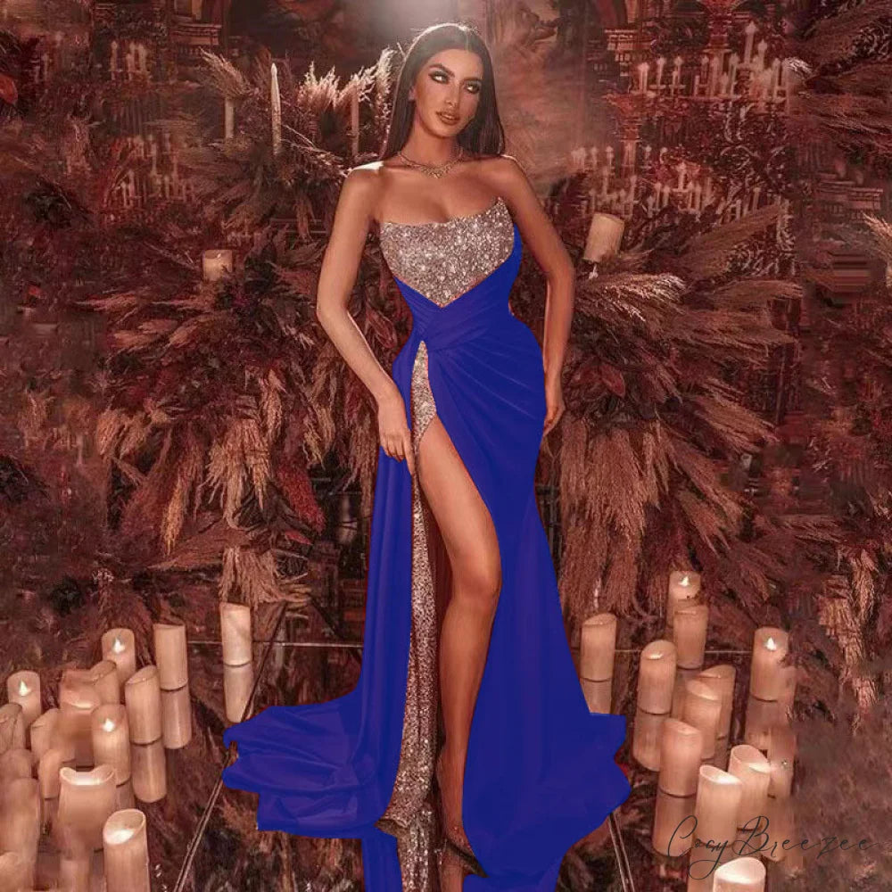 High Slit Floral Glitter Formal Dress blue / S promdress-250223