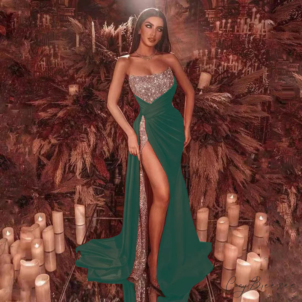 High Slit Floral Glitter Formal Dress green / S promdress-250223