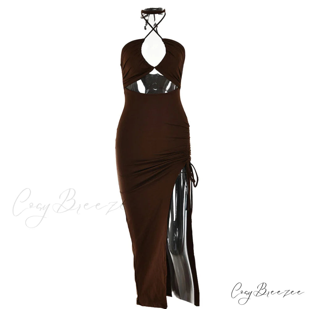 High Split Cowl Neck Open Classic Back Mini Dress - Multicolor L / Brown
