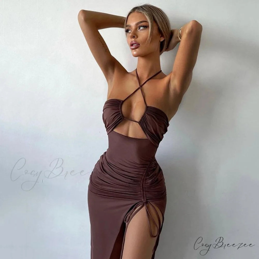 High Split Cowl Neck Open Classic Back Mini Dress - Multicolor M / Brown