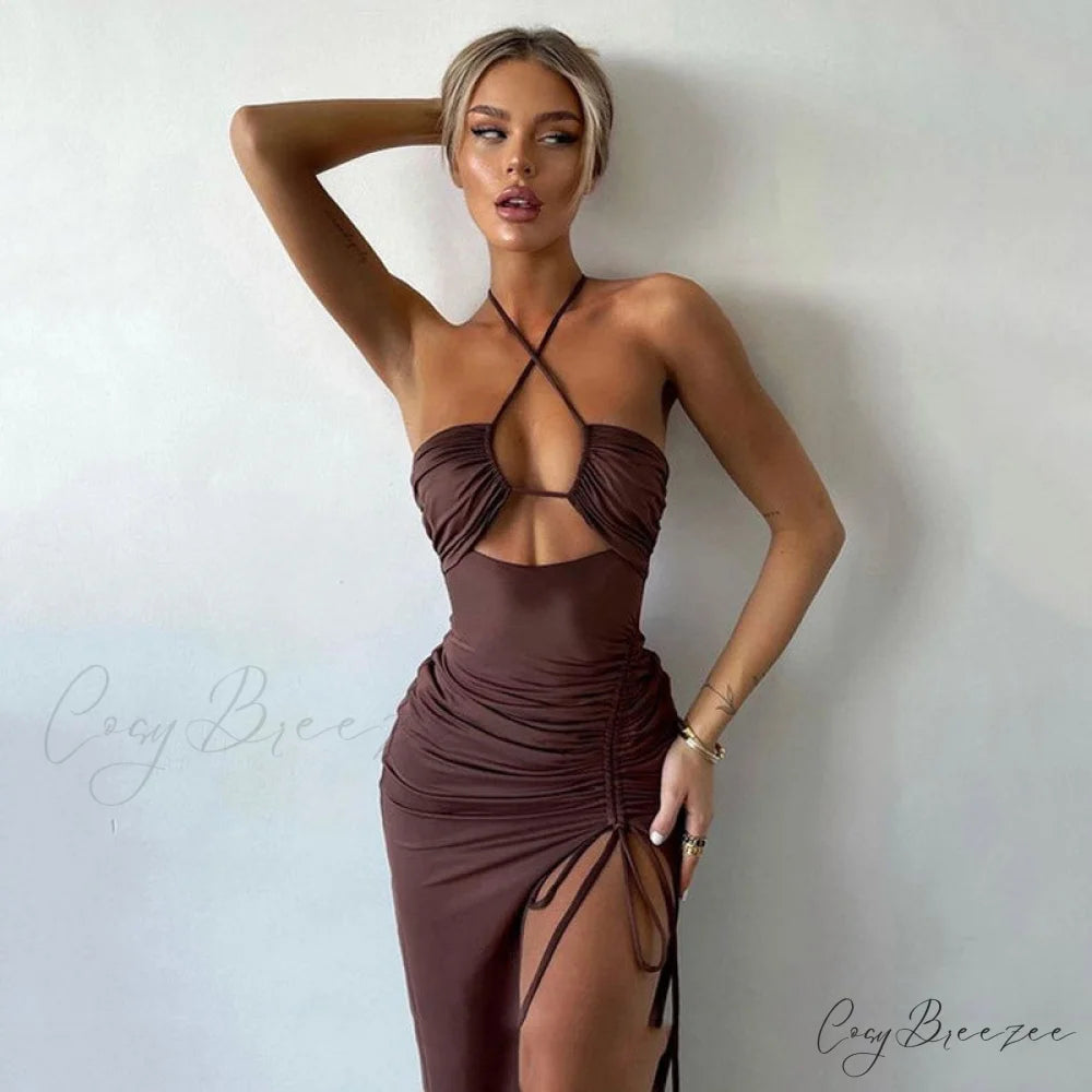 High Split Cowl Neck Open Classic Back Mini Dress - Multicolor S / Brown