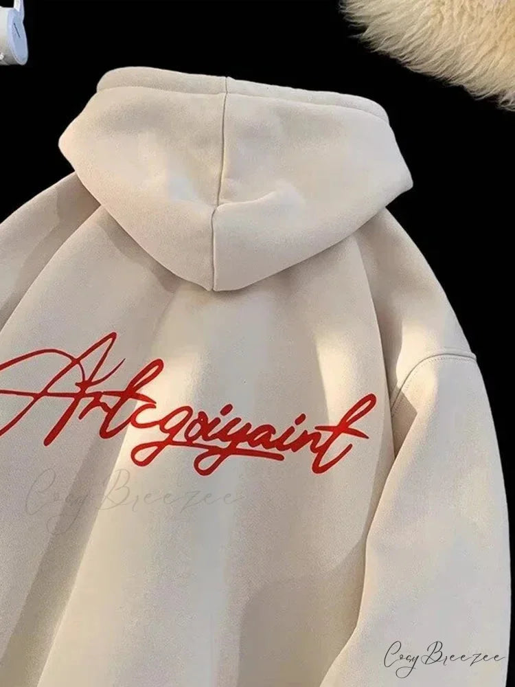 High Street Letter Print Oversized Hoodie Beige / M(40-45KG) hoodies-241228