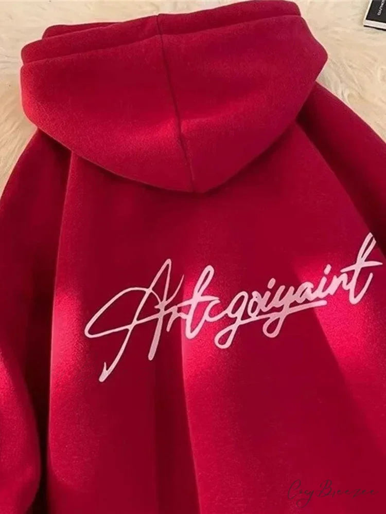 High Street Letter Print Oversized Hoodie Red / M(40-45KG) hoodies-241228
