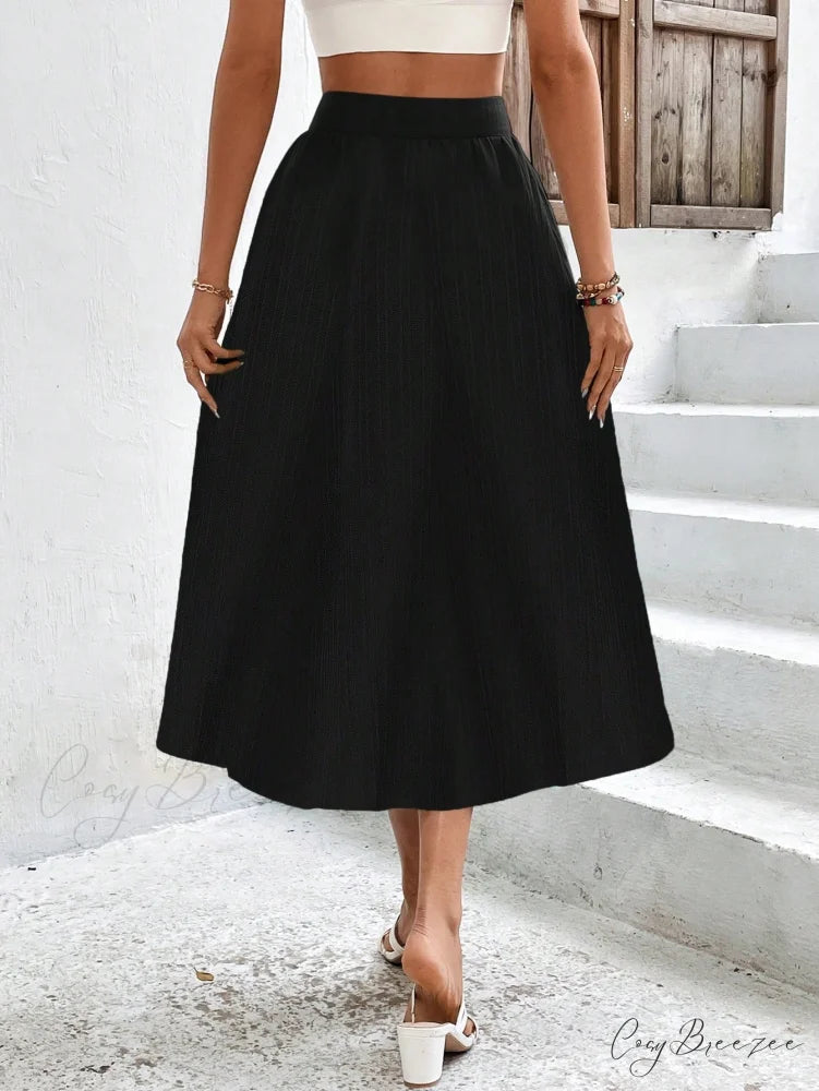 High Waist Button Detail Plisse A-line Skirt