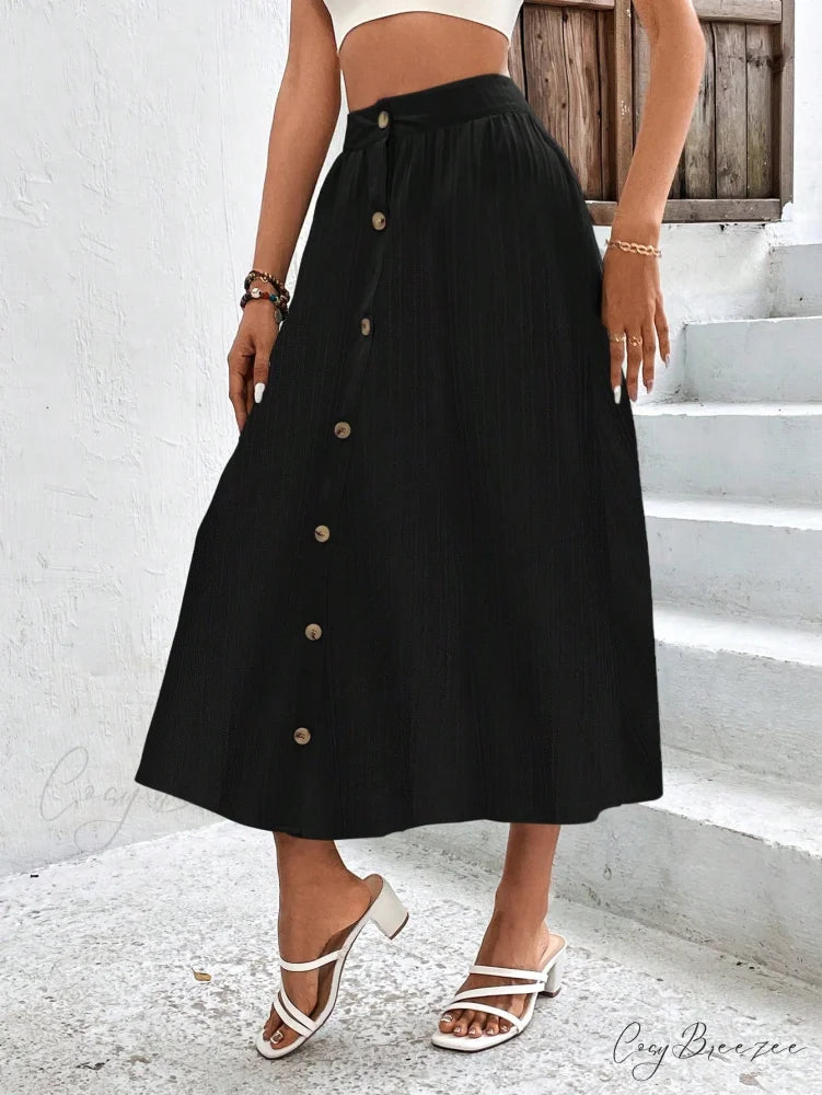High Waist Button Detail Plisse A-line Skirt