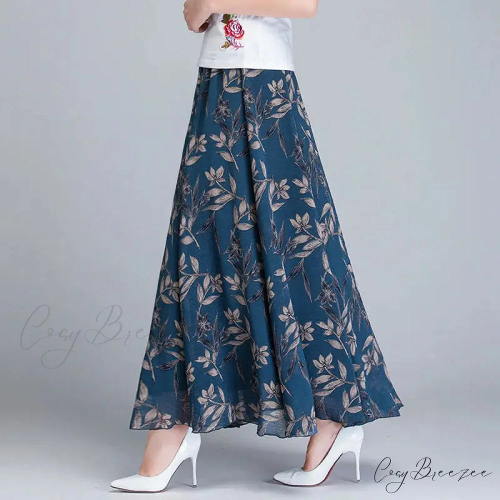 High Waist Elastic Waist Midi Full Long Skirt 2024 Blue Bamboo / M skirt-250126