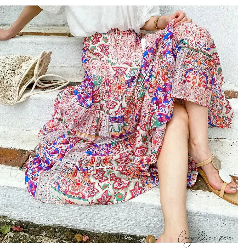 High Waist Floral Beach Skirt Lace Patchwork Stylish Cotton Maxi skirt-250126