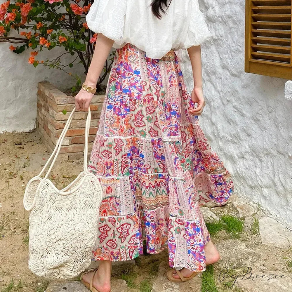 High Waist Floral Beach Skirt Lace Patchwork Stylish Cotton Maxi skirt-250126