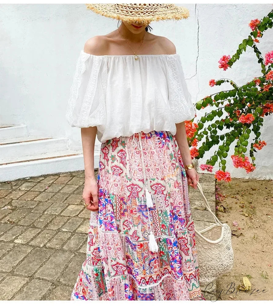 High Waist Floral Beach Skirt Lace Patchwork Stylish Cotton Maxi skirt-250126