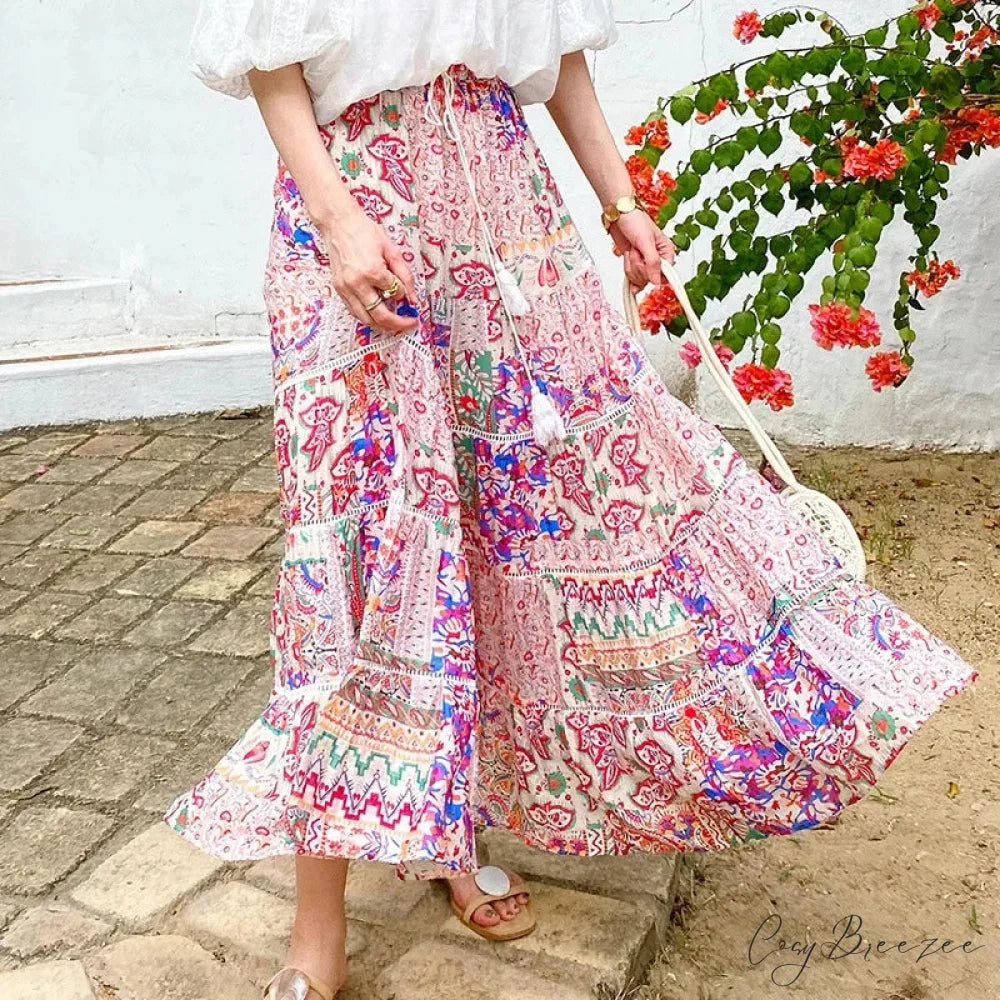 High Waist Floral Beach Skirt Lace Patchwork Stylish Cotton Maxi skirt-250126