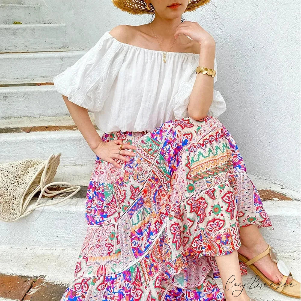 High Waist Floral Beach Skirt Lace Patchwork Stylish Cotton Maxi white tops / S skirt-250126