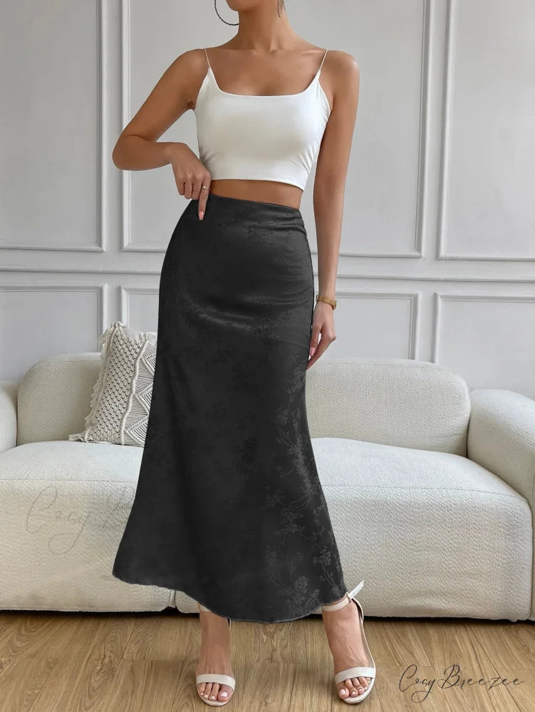 High Waist Jacquard Satin A-line Skirt