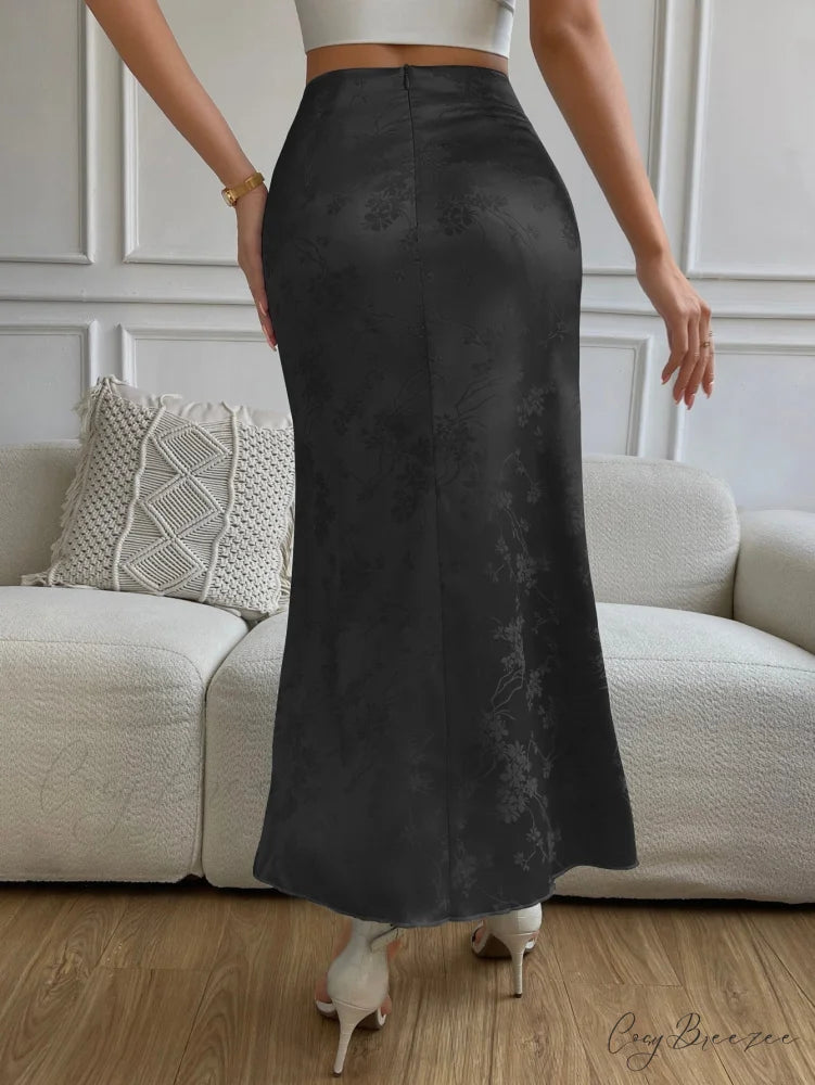High Waist Jacquard Satin A-line Skirt