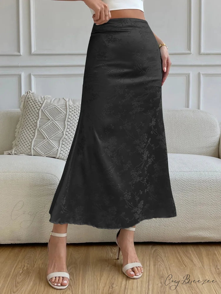 High Waist Jacquard Satin A-line Skirt