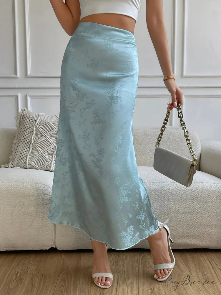 High Waist Jacquard Satin A-line Skirt Baby Blue / XS