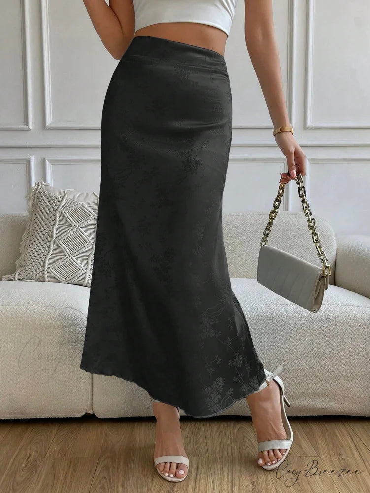 High Waist Jacquard Satin A-line Skirt Black / XS