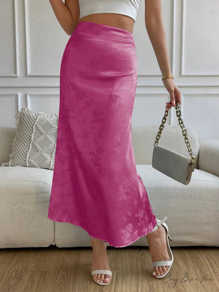 High Waist Jacquard Satin A-line Skirt Hot Pink / XS