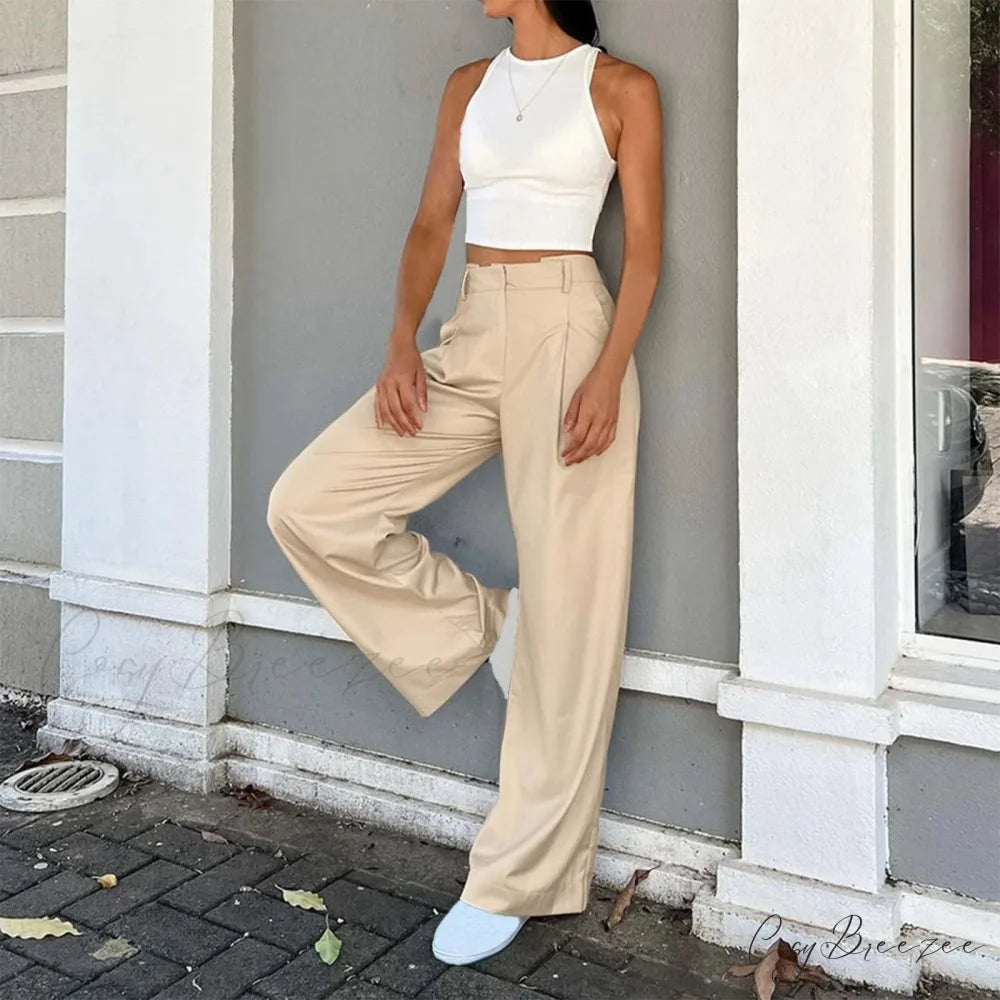 High Waist Loose Fit Cargo Wide Pants Khaki / S pants-241228