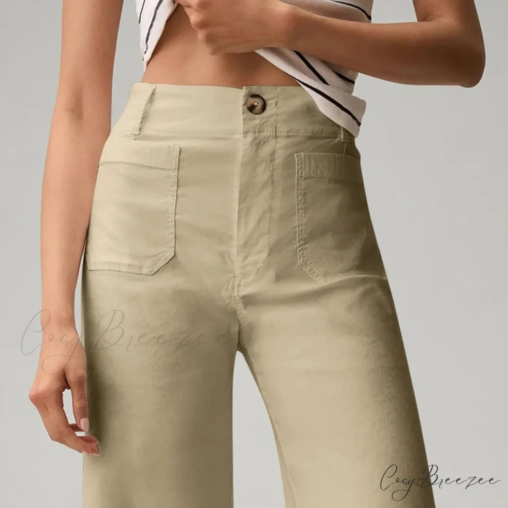 High Waist Patch Pocket Straight Pants Beige / S pants-241228
