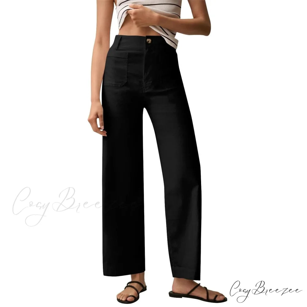 High Waist Patch Pocket Straight Pants Black / S pants-241228