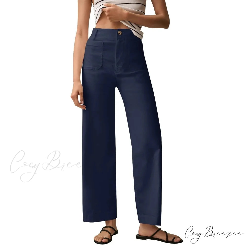 High Waist Patch Pocket Straight Pants Dark Blue / S pants-241228