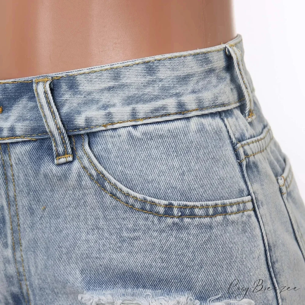 High-Waist Ripped Washed Denim Shorts short-250223