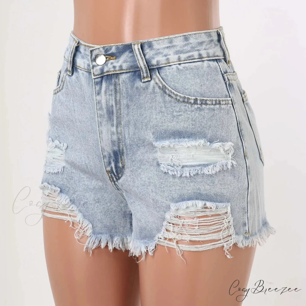 High-Waist Ripped Washed Denim Shorts short-250223