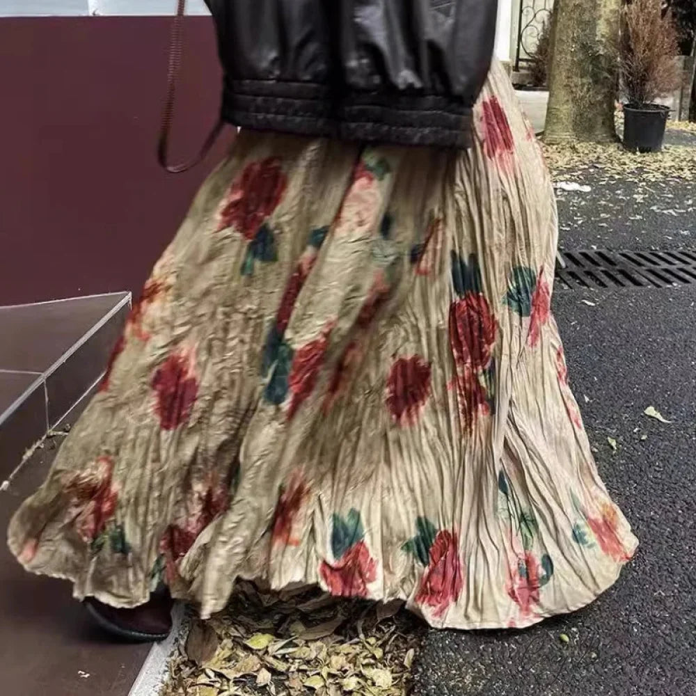 High Waist Rose Pendulum Skirt Boho Draped Pleated Retro Maxi skirt-250126