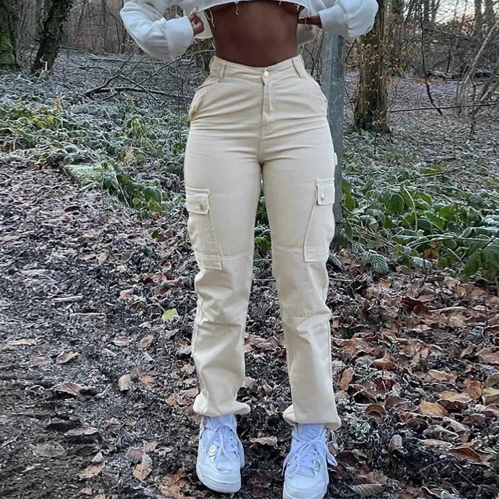 High Waist Slim Fit Cargo Pants White / S pants-241228